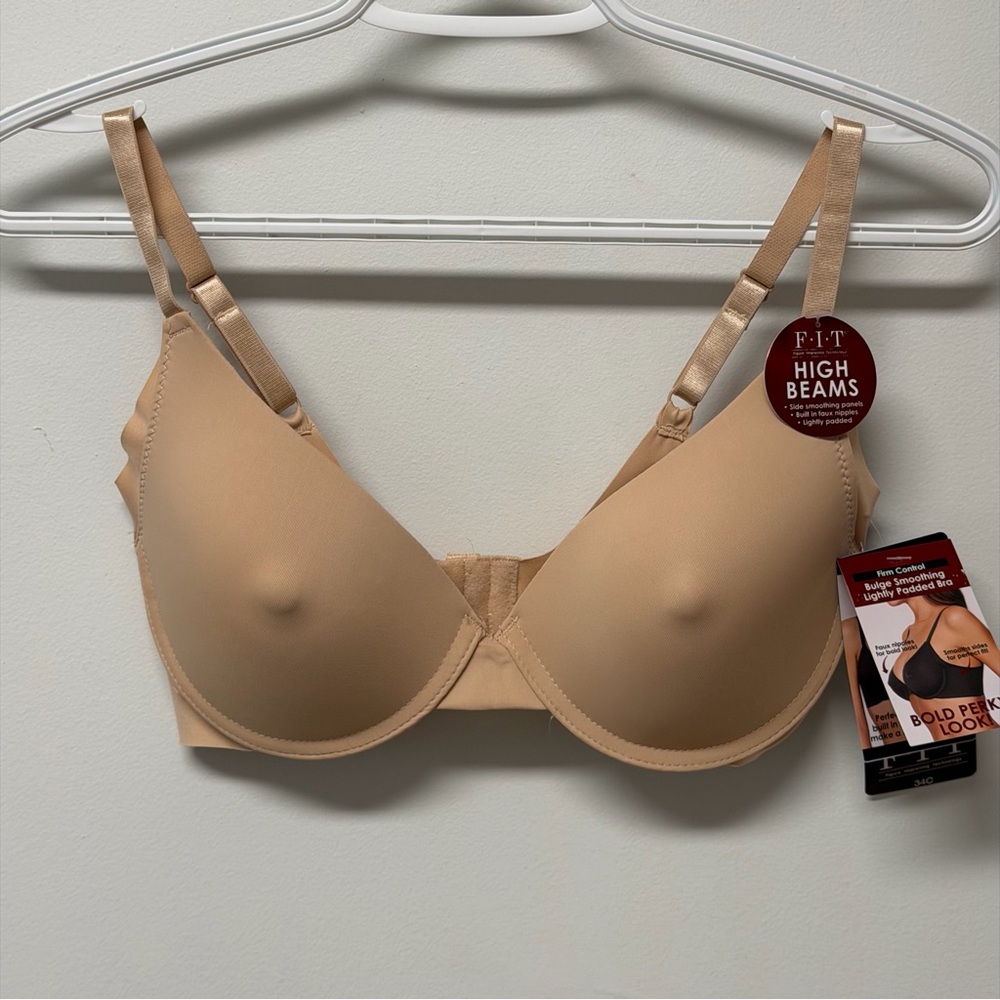 FIT High Beams Bulge Smoothing Lightly Padded Faux Nipple Nude Bra 34C NWT